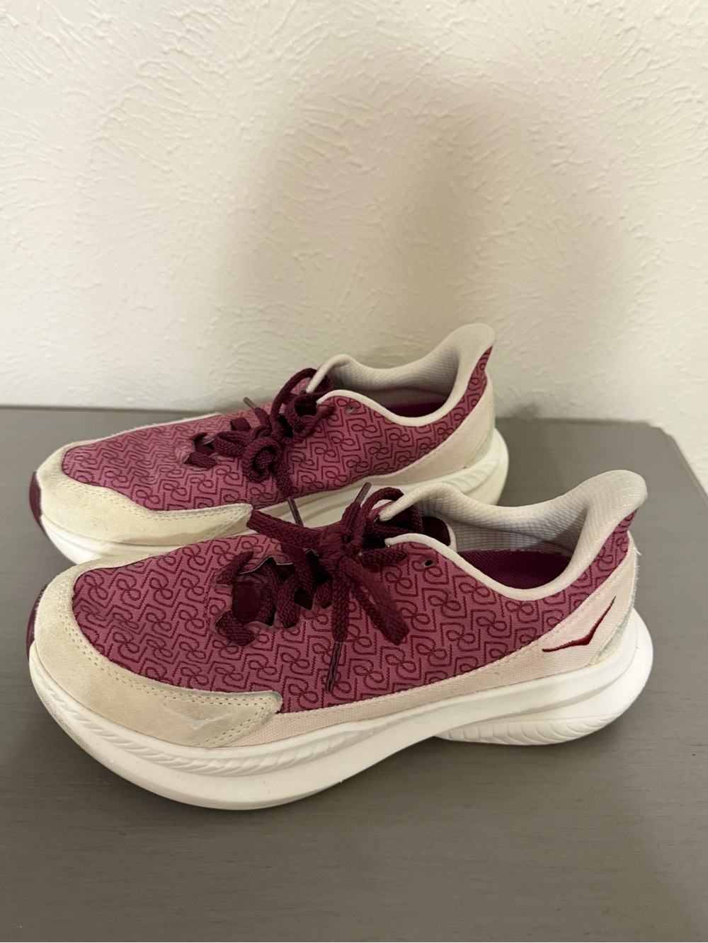 Hoka Women's Maroon and Cream Patterned Running Shoes